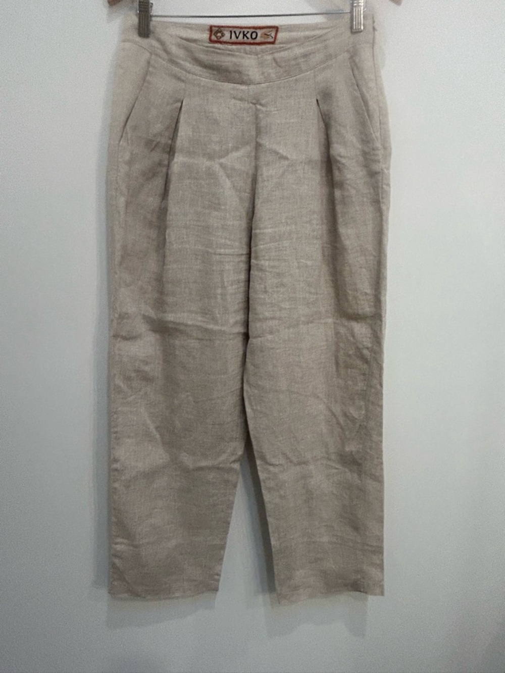 IVKO Women's Pleated Linen Ankle Pants in Light Beige